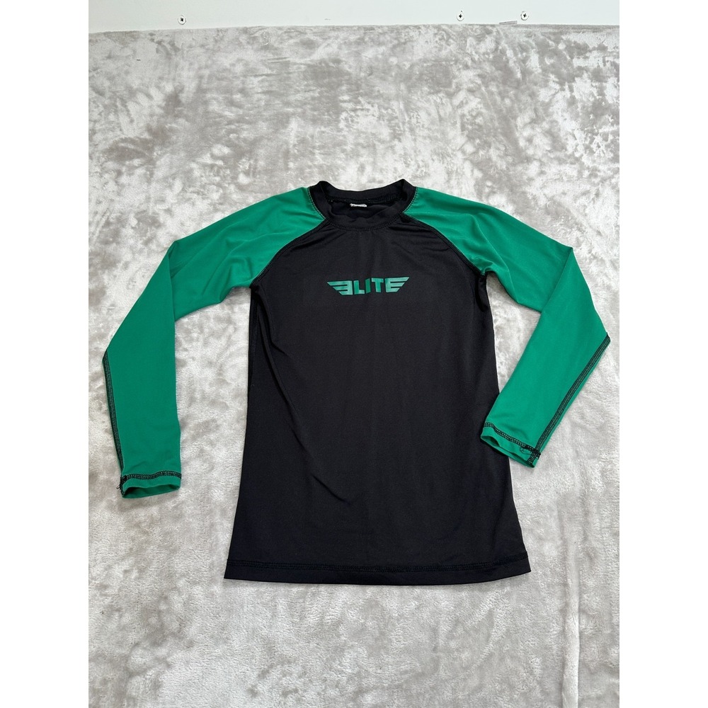Elite Sports Kids'‎ Jiu Jitsu BJJ Rash Guard, Long Sleeve Green Black  EUC